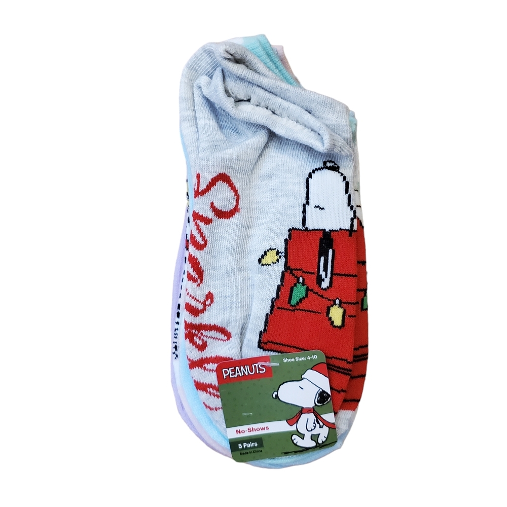 Peanuts Snoopy New Christmas‎ Dog House Lights Women's No Show Socks 5 Pairs